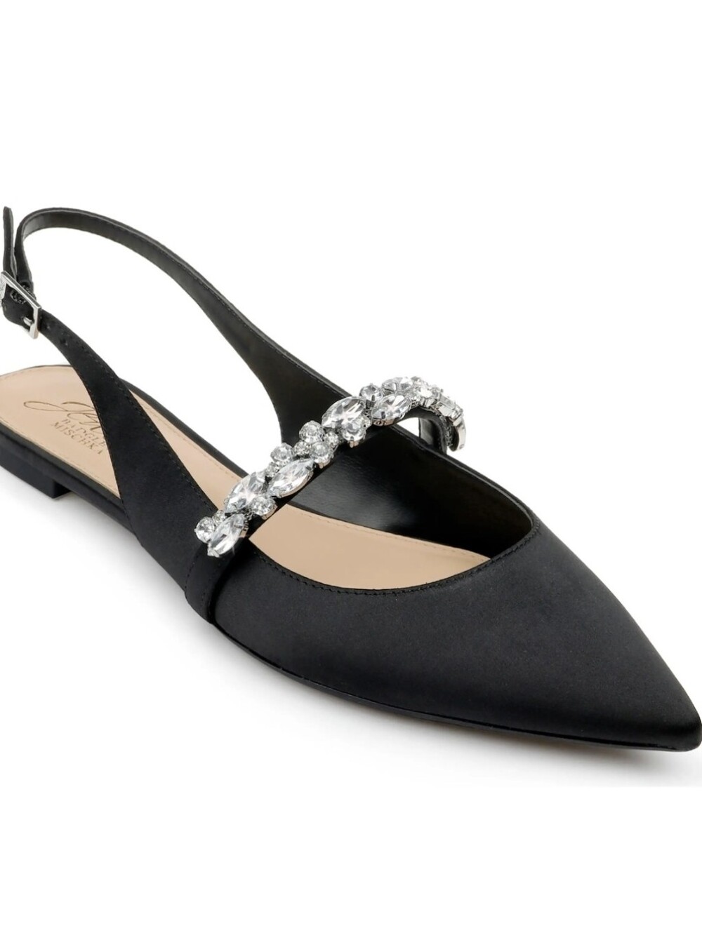 Jewel Badgley Mischka Black Sling Back Point Toe Flats w/ Silver Embellishments